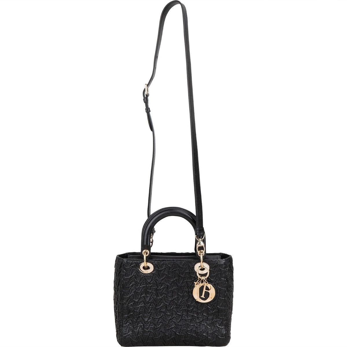 Christian Dior Black Crinkled Lambskin Small Lady Dior Handbag