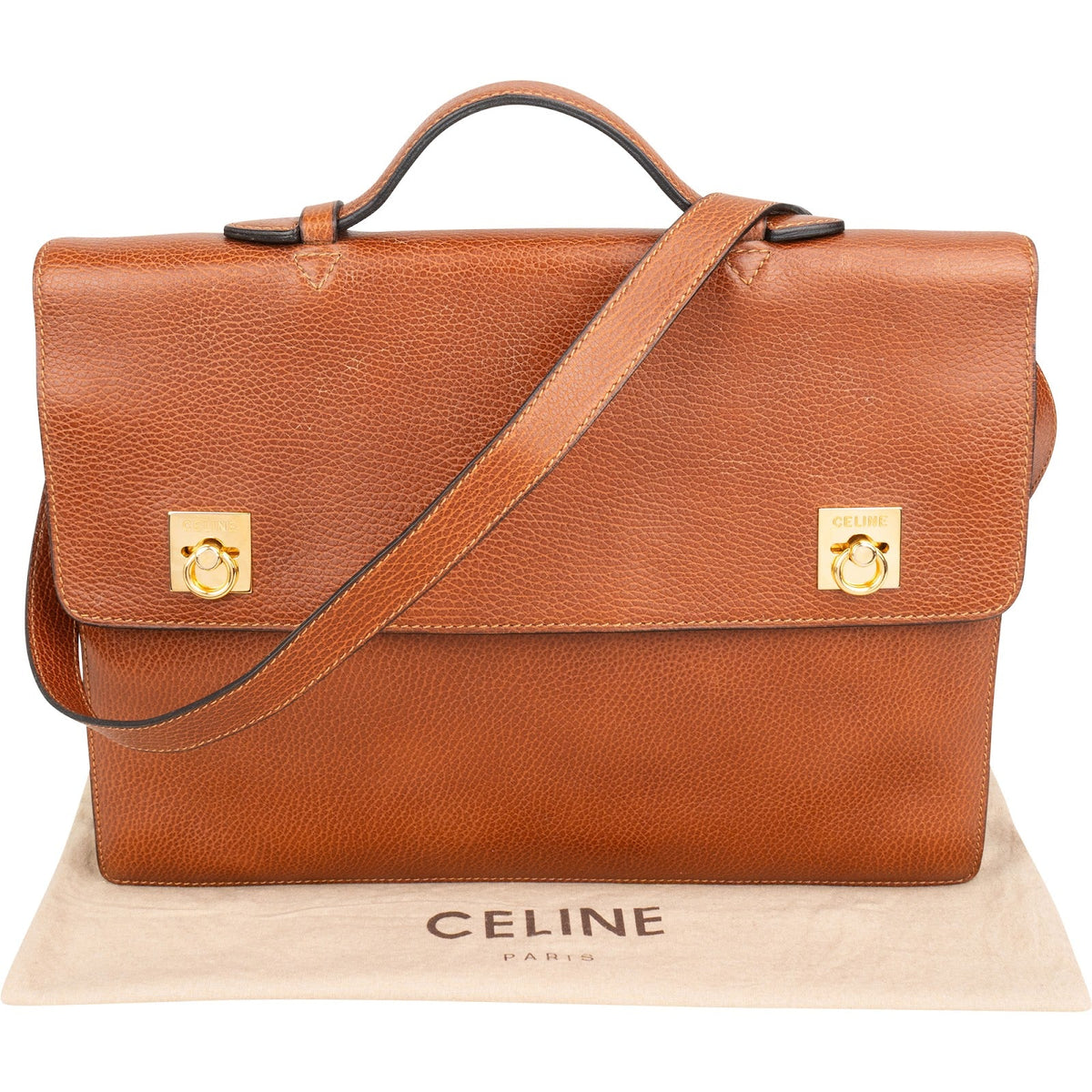 Sac bandoulière Celine Double Ring Clasp Briefcase en cuir grainé