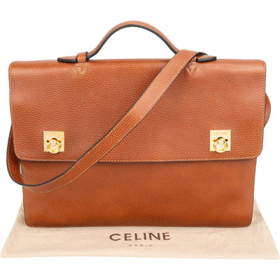 Celine Grained Leather Double Ring Clasp Briefcase Crossbody Handbag