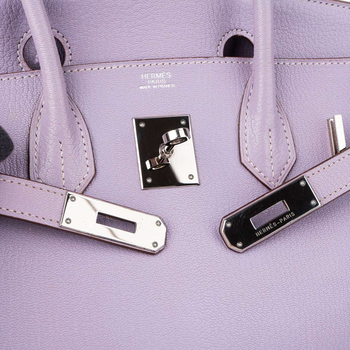 Bolso Birkin 30 de Hermès en piel de cabra Mysore color lila con herrajes de paladio