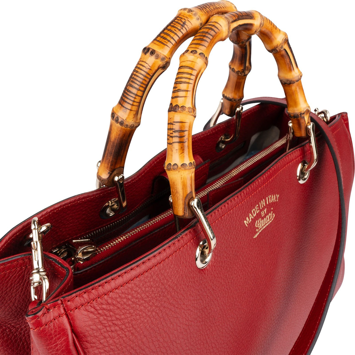 Gucci Tote-handtas van generfd leer met bamboe handvat