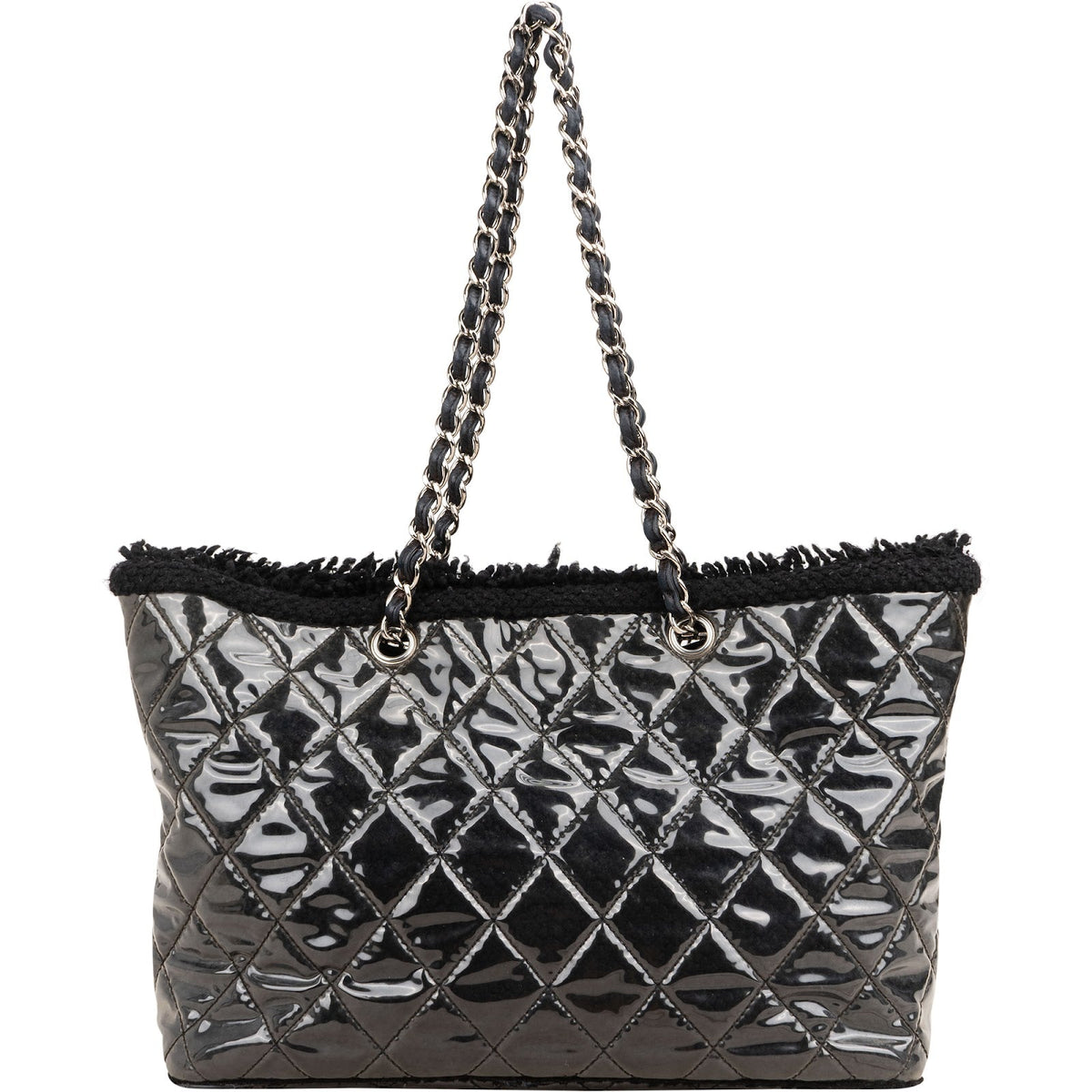 Chanel Patent Leather Fringed CC Large Shopping Tote Shoulder Bag