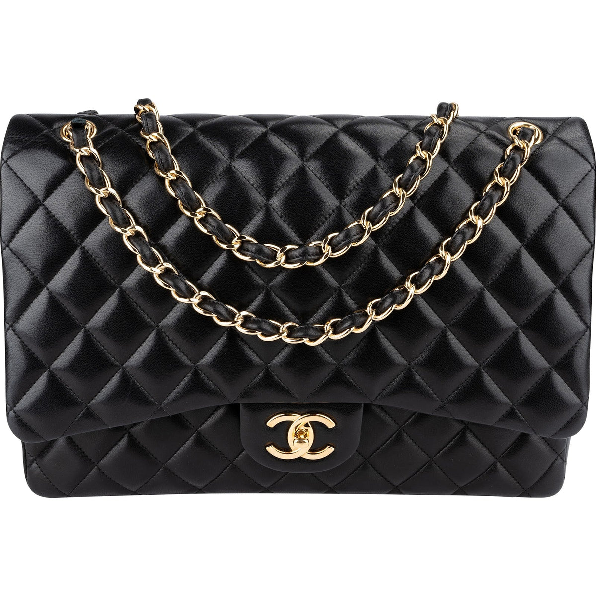 Borsa a tracolla Chanel Maxi Double Flap in pelle di agnello trapuntata con dettagli oro