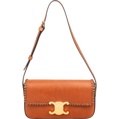 Celine Brown Calfskin Triomphe Claude Blanket Stitch Shoulder Bag