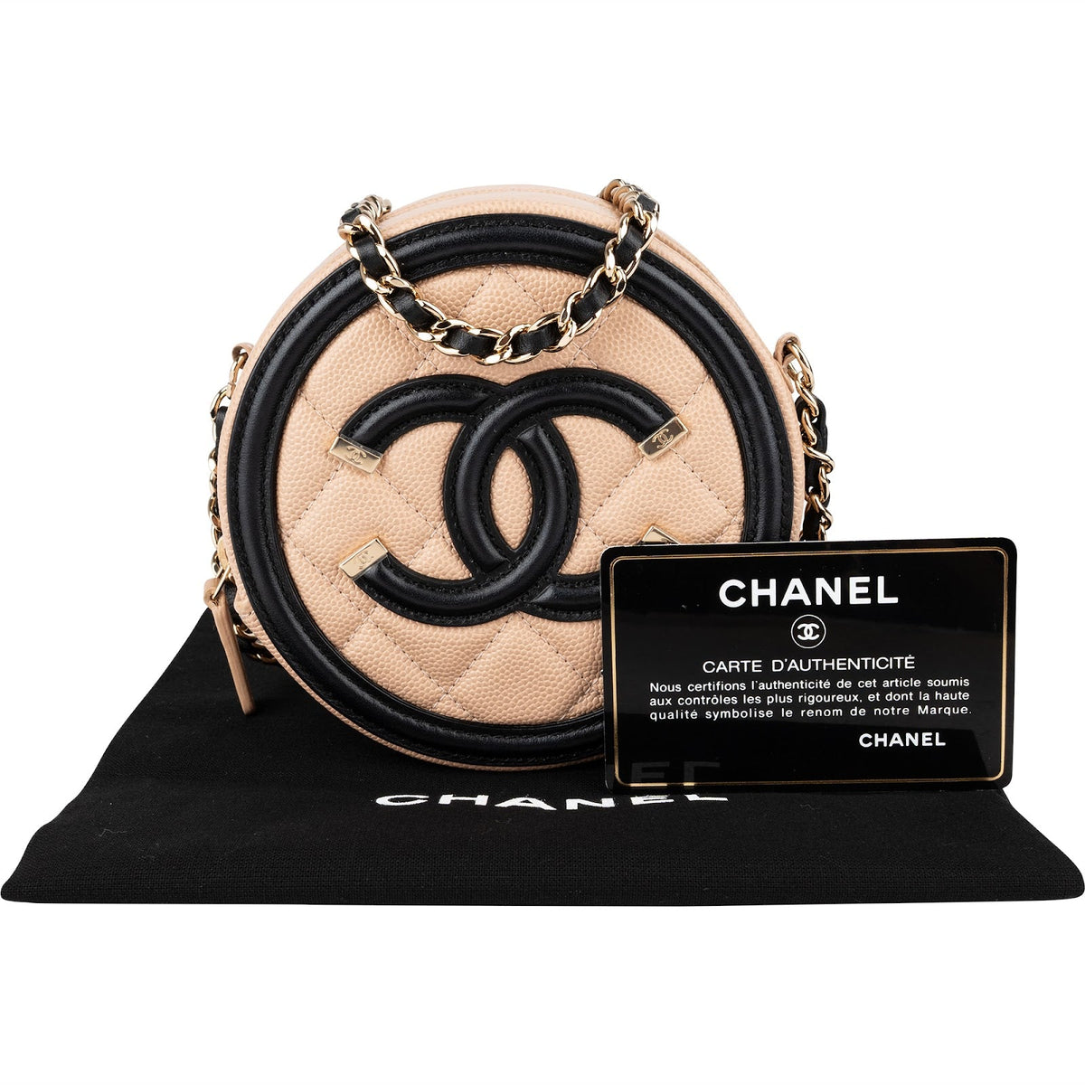 Borsa a tracolla rotonda Chanel Filigree CC in pelle caviar trapuntata