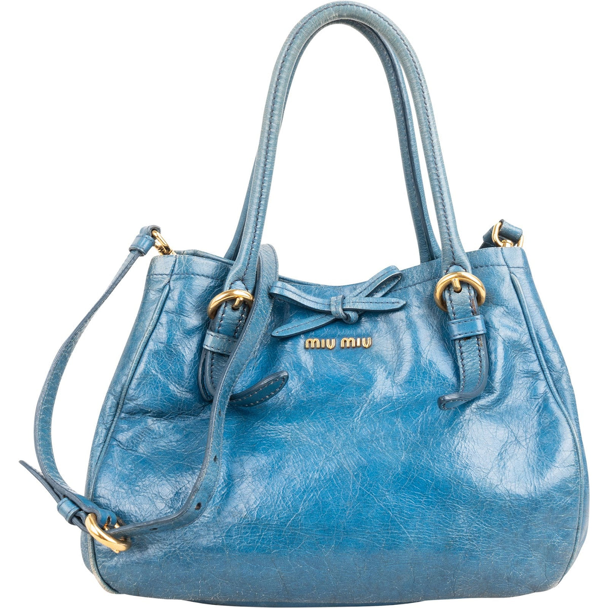 Miu Miu Blau Vitello Lux Small Front Bow aus Leder – Vorderansicht