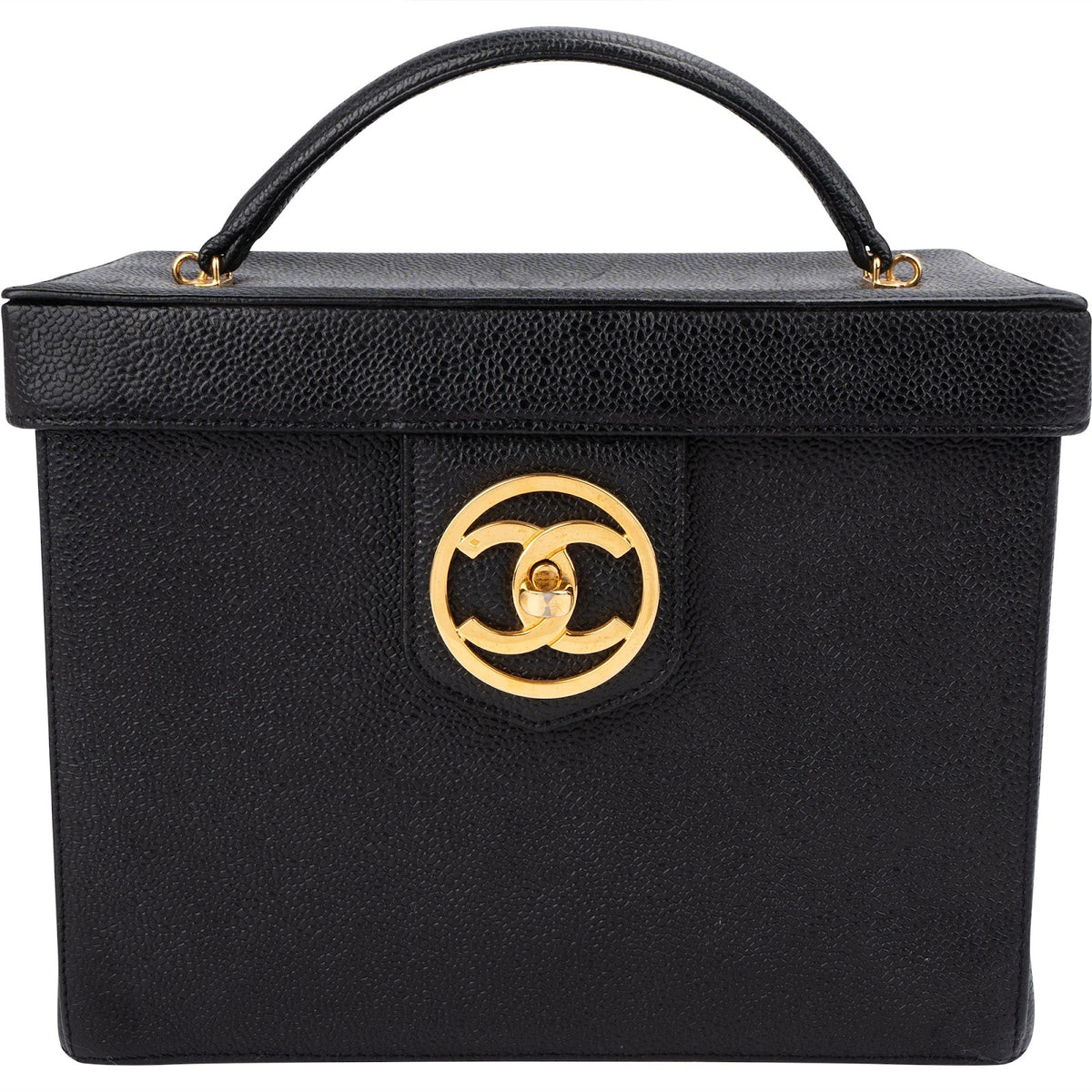 Sac à main Chanel CC Vanity Case à poignée en cuir caviar noir, pièces métalliques plaquées or 24K