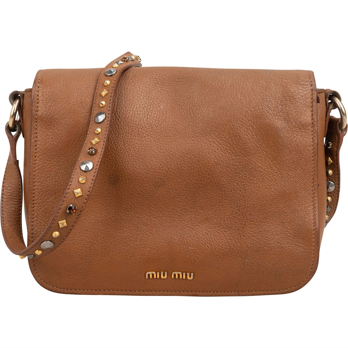 Miu Miu Brown Grained Leather Studded Bow Shoulder Bag