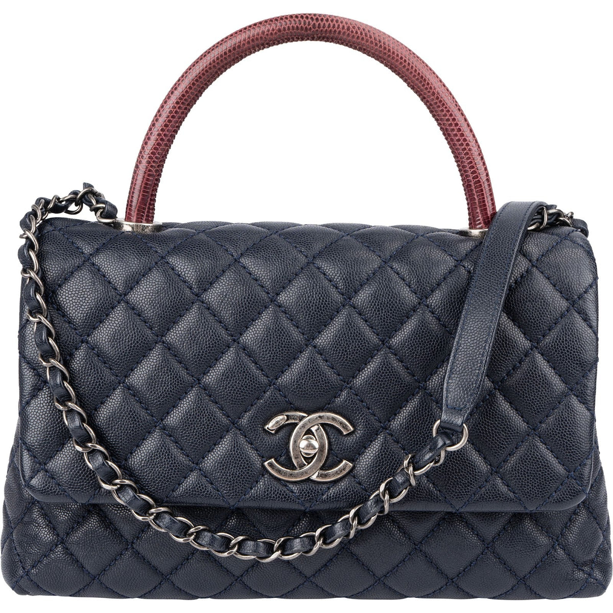 Sac à main Chanel Coco Handle à rabat en cuir caviar matelassé et lézard