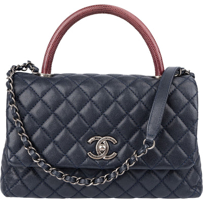 Borsa a mano Chanel Coco Handle con pattina in pelle Caviar trapuntata e lucertola