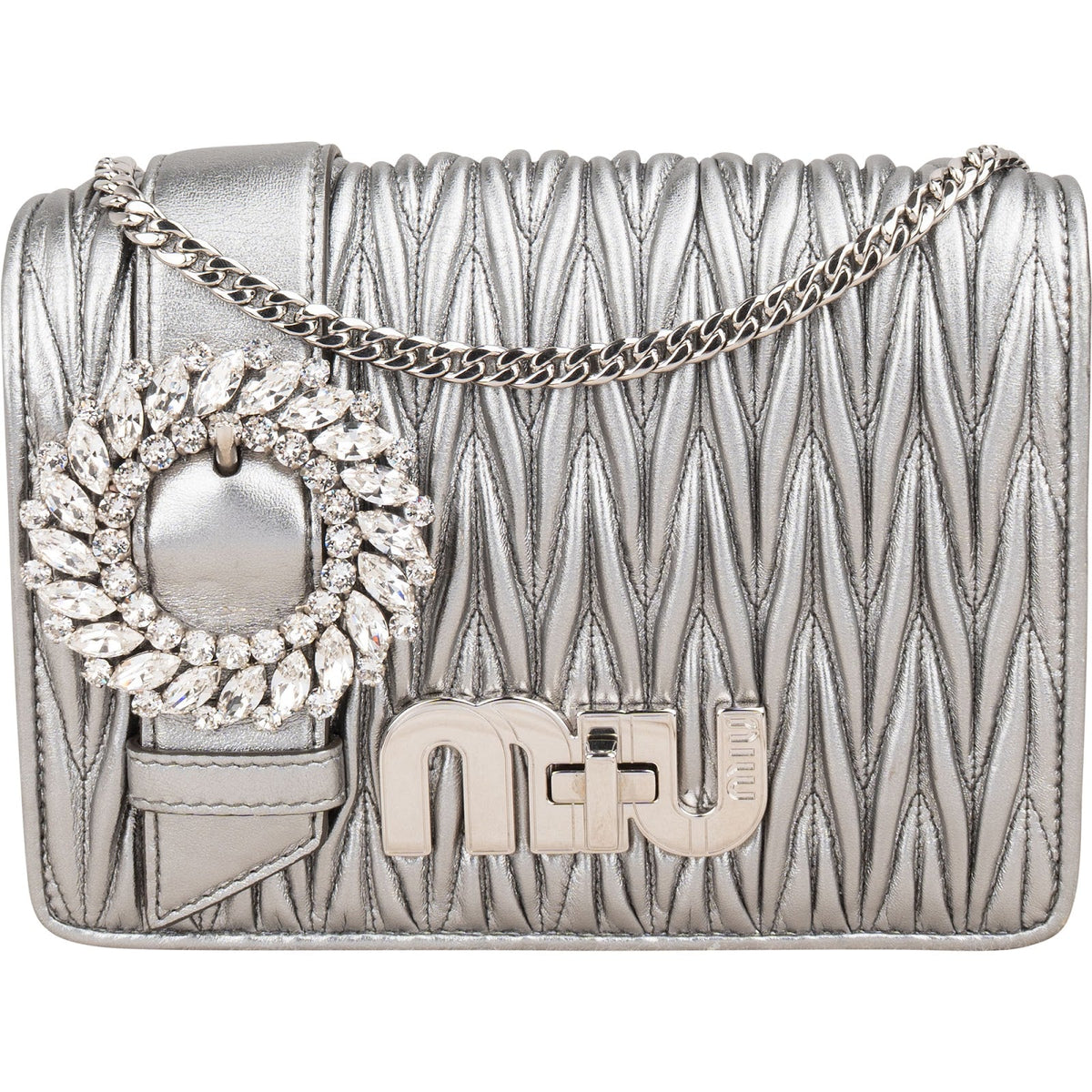 Miu Miu Crossbody mit Kristallen aus silbernem Matelassé-Nappaleder – Vorderansicht