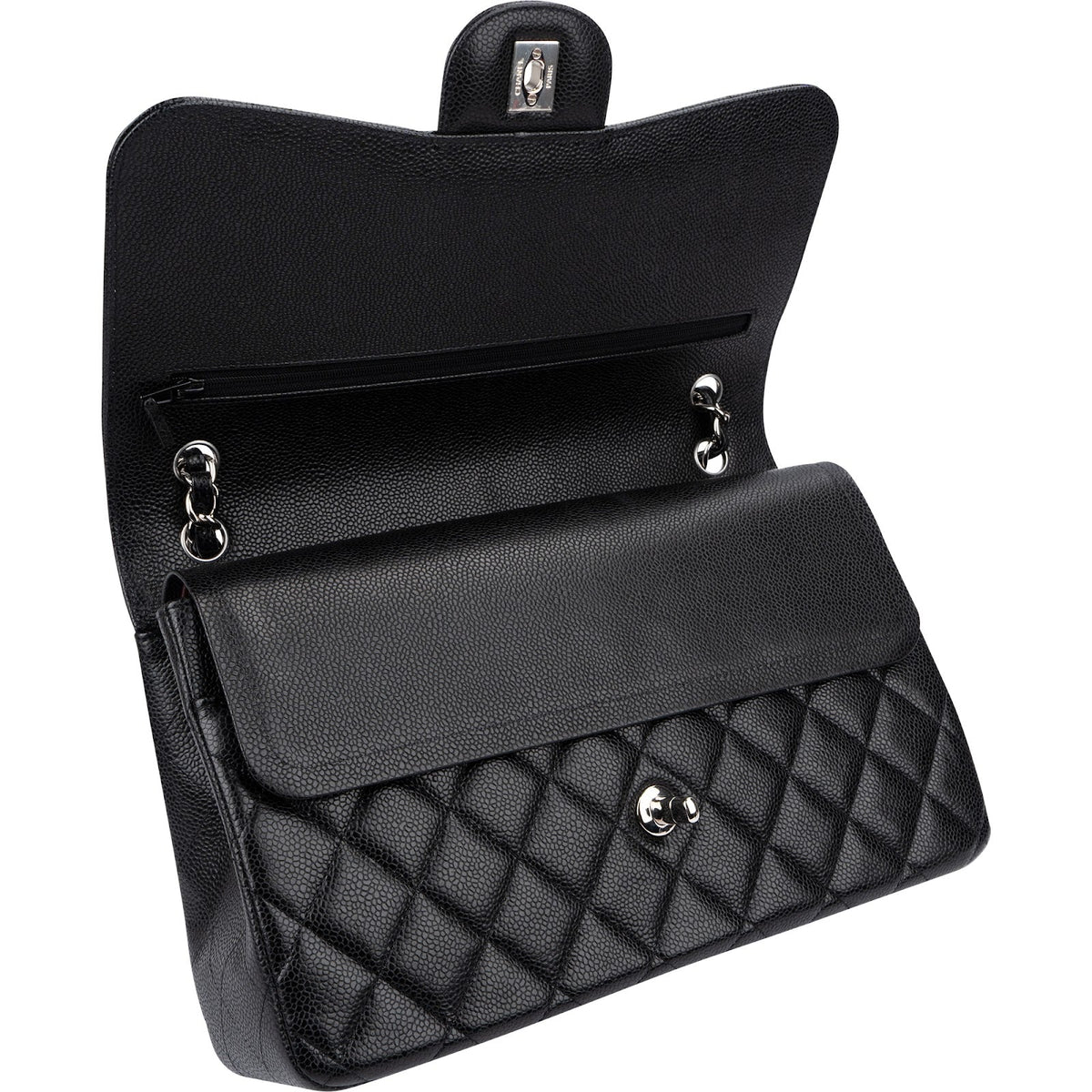 Chanel Quilted Caviar Leather Palladium Jumbo Double Flap Crossbody Bag