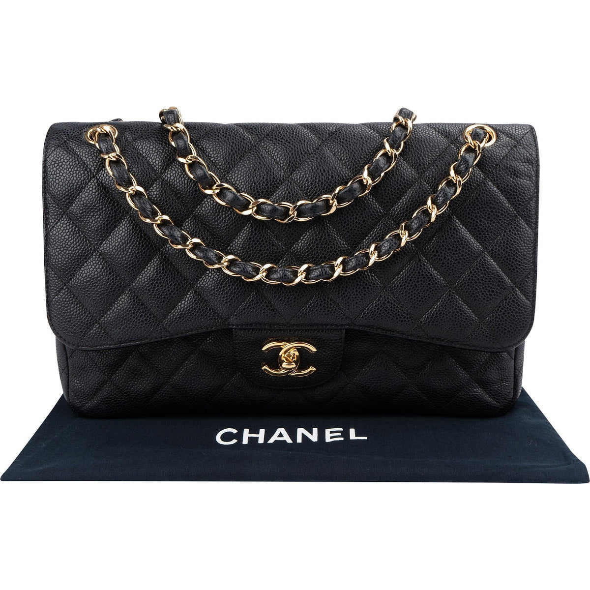 Chanel Quilted Caviar Leather Palladium Jumbo Double Flap Crossbody Bag