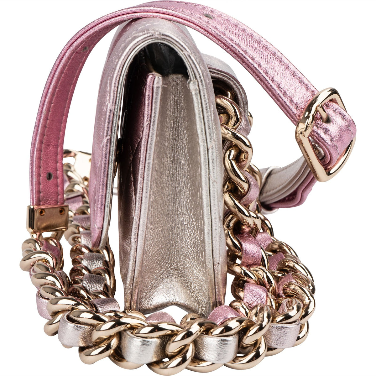 Borsa a tracolla Chanel Waist in pelle di agnello trapuntata metallizzata