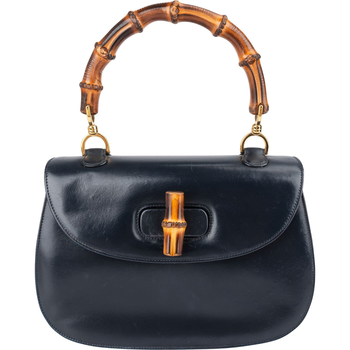 Sac à main Gucci en cuir lisse bleu marine avec poignée en bambou