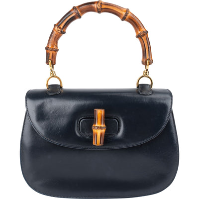 Gucci Navy Glad Leren Bamboo Handtas met Handvat aan de Bovenzijde