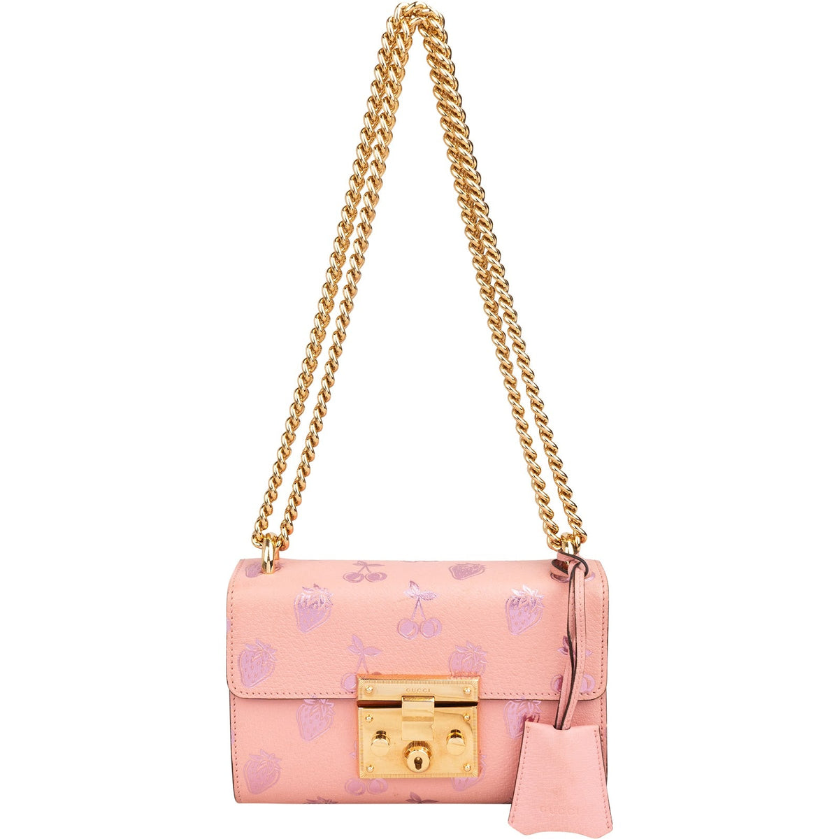 Sac bandoulière Gucci Glitter Fruits Small Padlock en cuir embossé rose