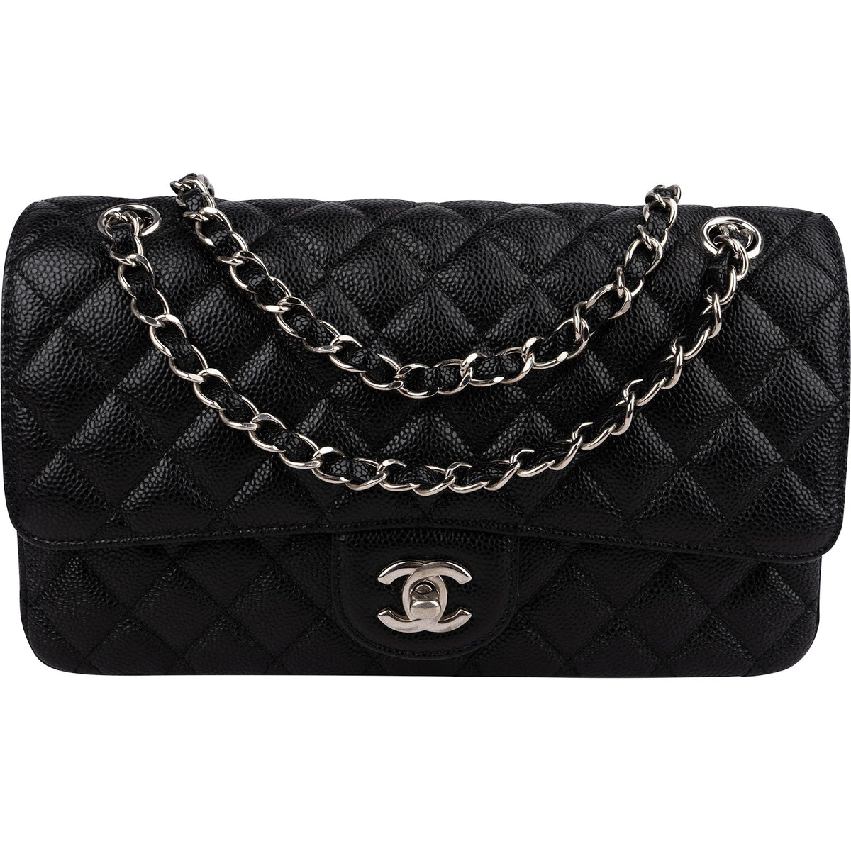 Chanel Palladium Medium Double Flap aus Caviar-Leder – Vorderansicht