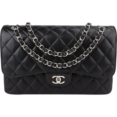 Chanel Quilted Caviar Leather Palladium Double Flap Jumbo Crossbody Bag