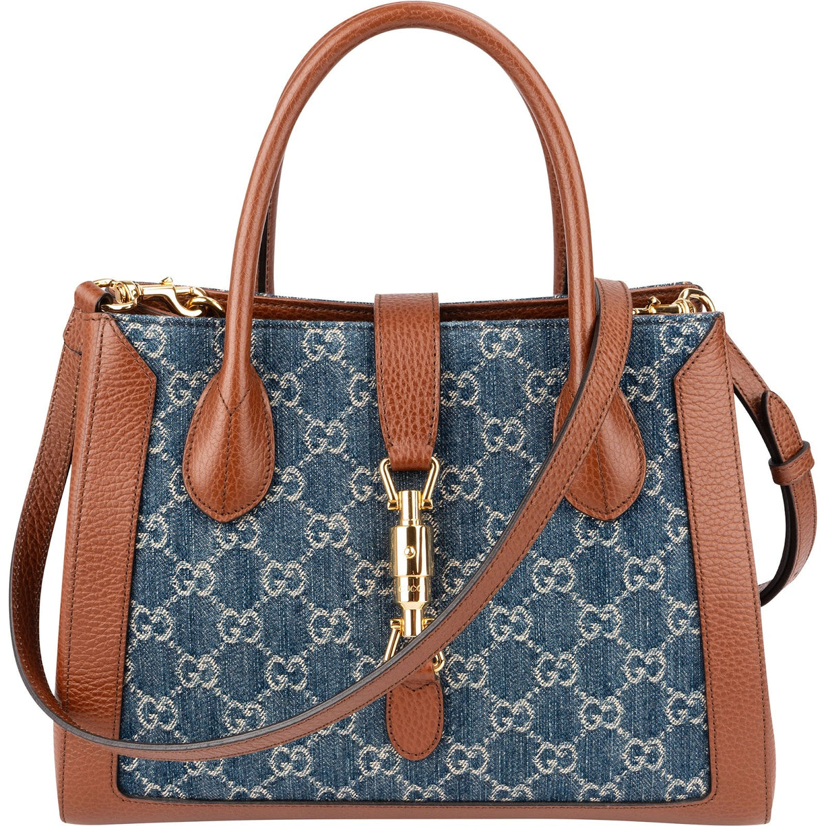 Gucci Monogram GG Denim Jackie 1961 Tote aus Denim und Leder – Vorderansicht