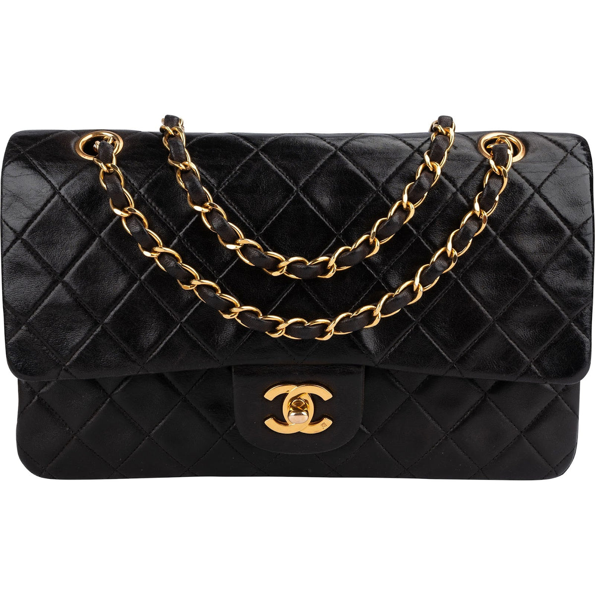 Bolso de hombro Chanel de piel de cordero acolchada con solapa doble tamaño mediano y herrajes de oro de 24 quilates