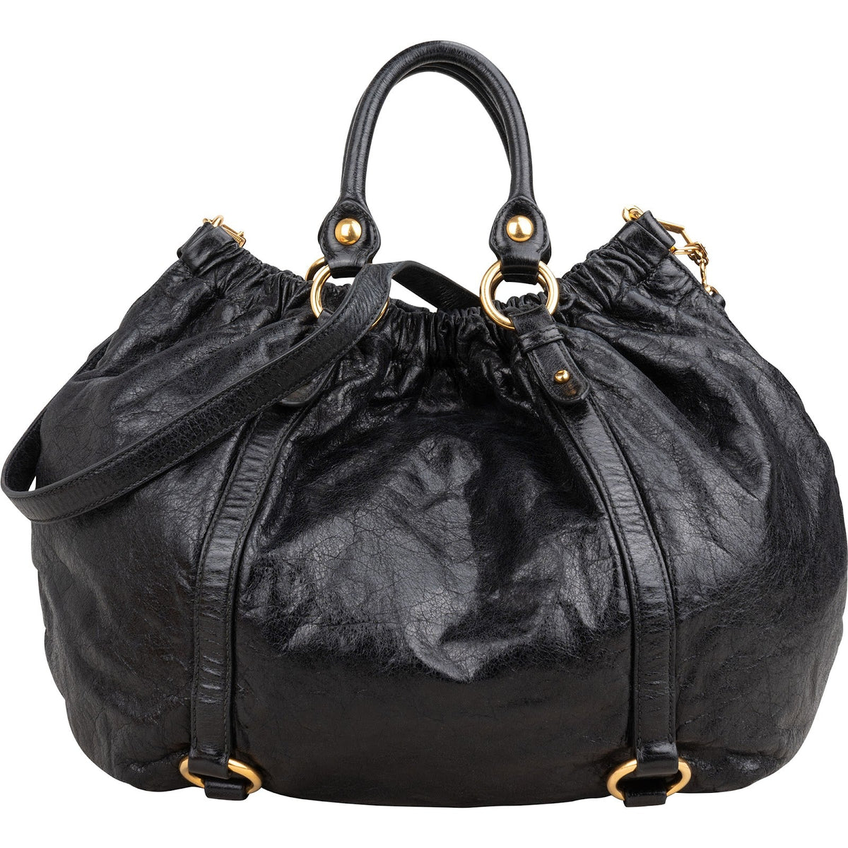 Bolso de mano Miu Miu Hobo Satchel fruncido en piel Vitello Lux negra