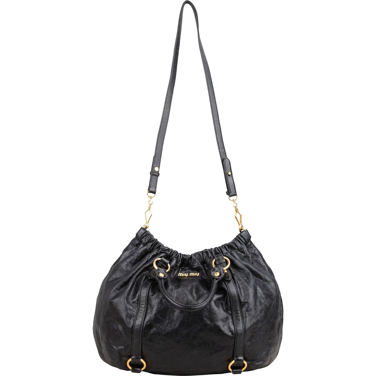 Bolso de mano Miu Miu Hobo Satchel fruncido en piel Vitello Lux negra
