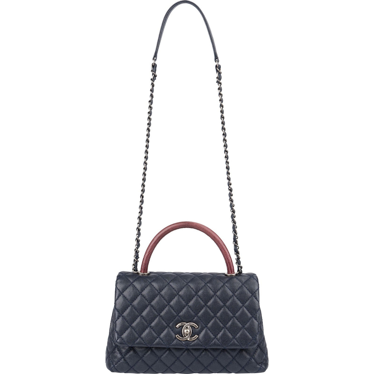 Sac à main Chanel Coco Handle à rabat en cuir caviar matelassé et lézard