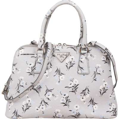 Prada Grey Saffiano Leather Floral Promenade Handbag