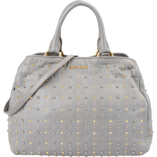 Miu Miu Grey Studded Leather Tote Handbag
