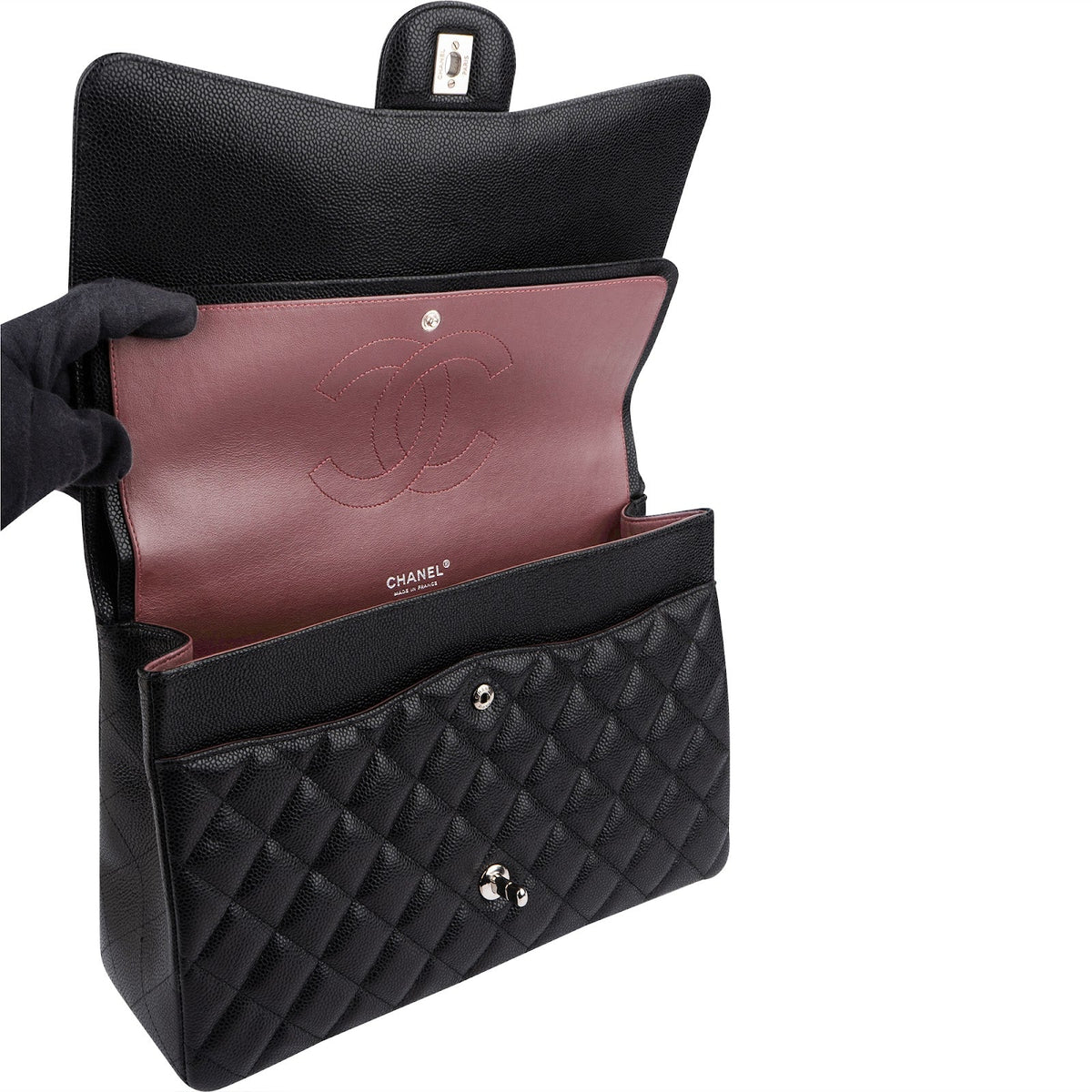 Chanel Quilted Caviar Leather Palladium Maxi Double Flap Crossbody Bag