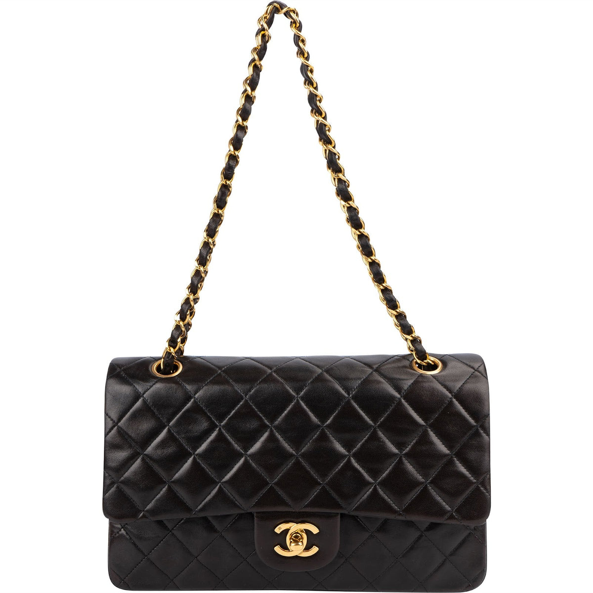 Bolso de hombro Chanel de doble solapa en piel de cordero acolchada con baño de oro de 24 quilates