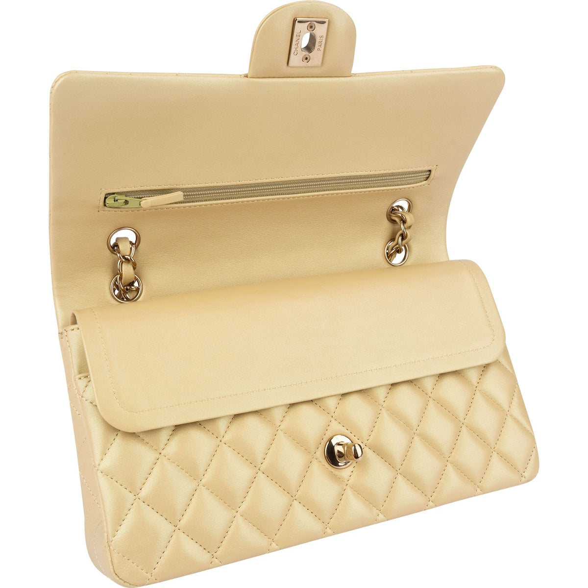 Chanel middelgrote dubbele flap schoudertas van goudkleurig glinsterend doorgestikt lamsleer