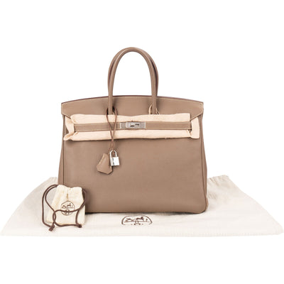 Hermès Etoupe Clemence Leather Palladium Birkin 35 Handbag