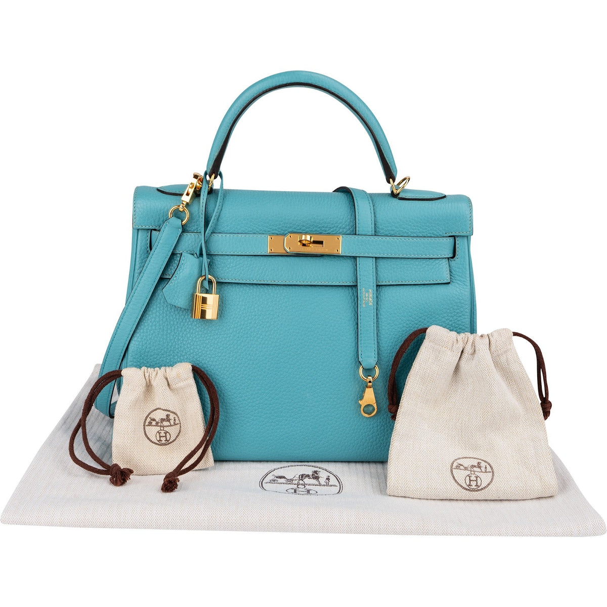 Hermès Taurillon Clemence lederen Gold Kelly 32 handtas blauw Saint-Cyr