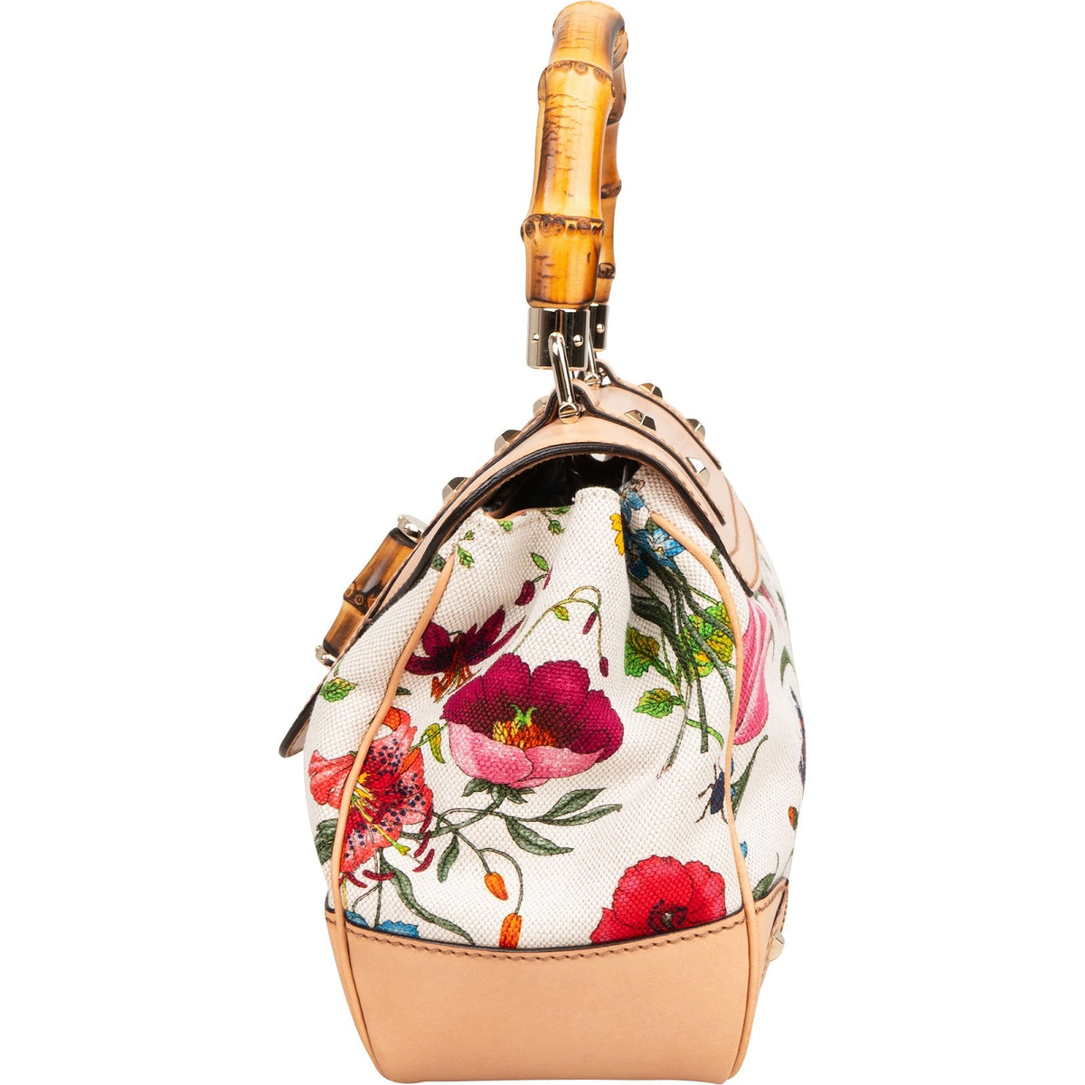 Gucci Rose Leder Flora Print Canvas Bamboo Henkeltasche, Bild 6 von 12