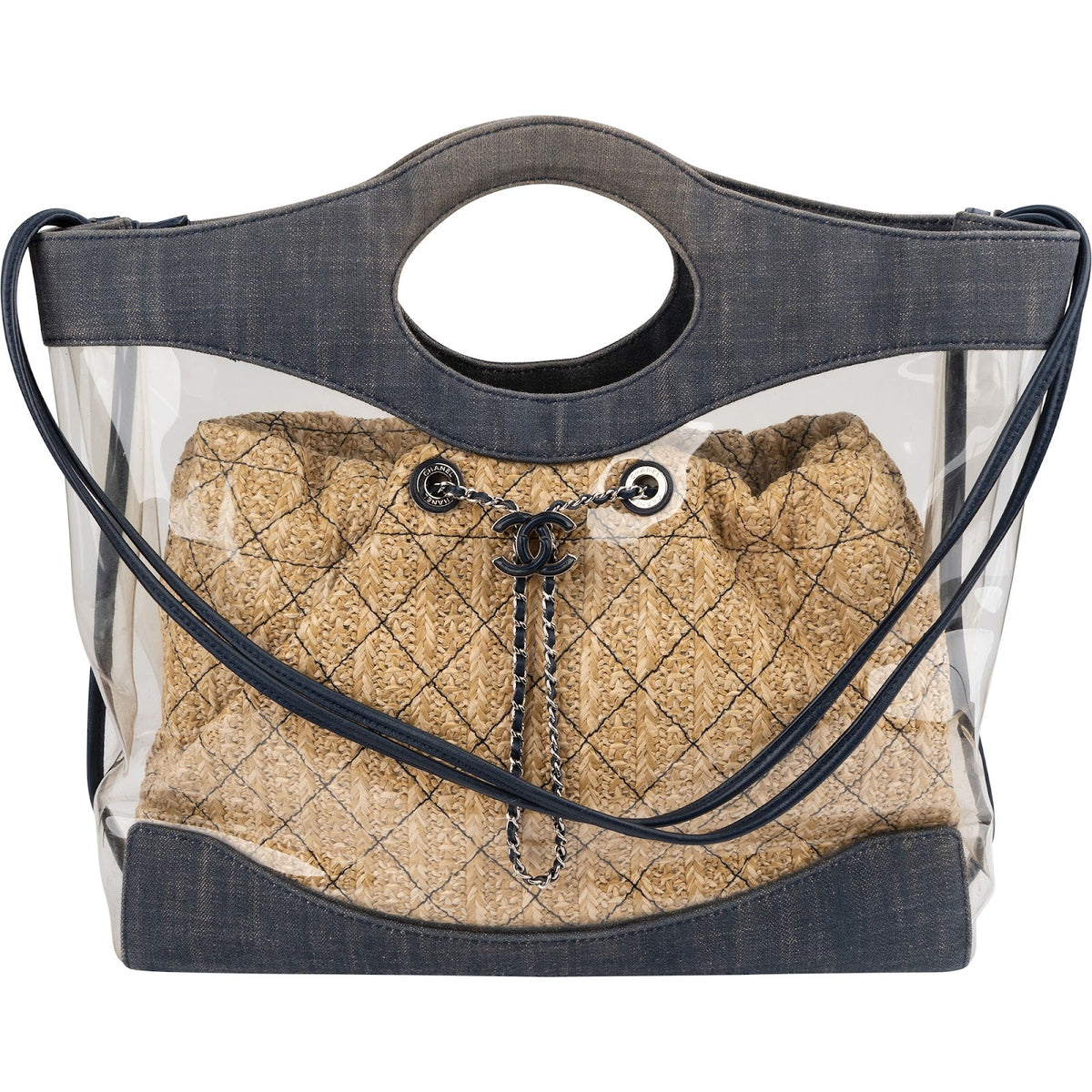 Bolso de hombro Chanel 31 Tote Shopper en PVC transparente, denim y rafia