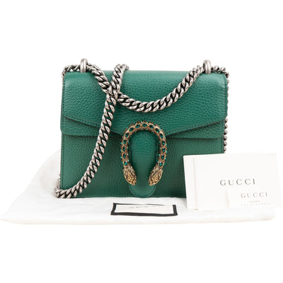 Gucci Grained Green Leather Dionysus Crystal Small Crossbody Bag