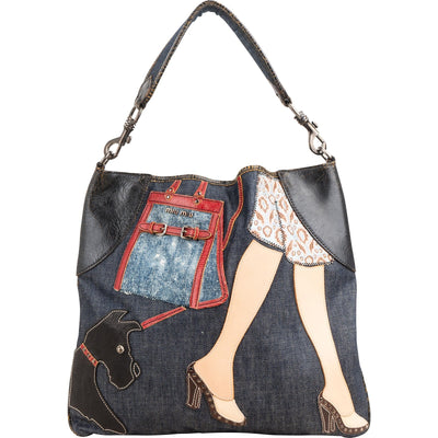 Miu Miu denim patchwork shopper schoudertas met applicaties
