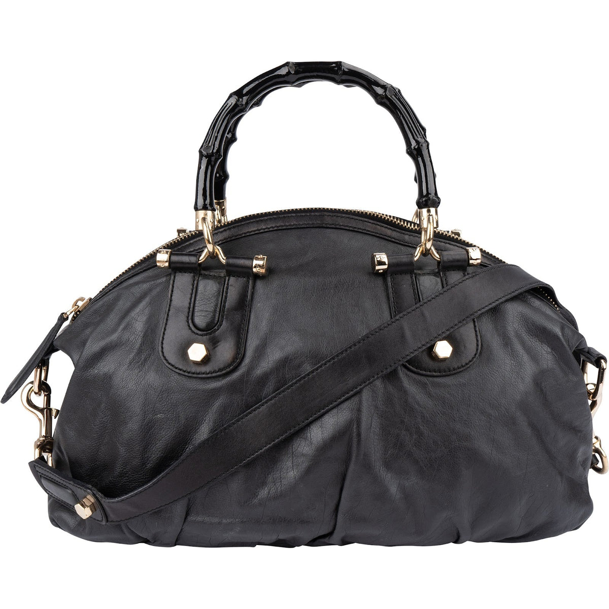Gucci Schwarz New Bamboo Top Handle Bowling aus Leder und Bambus – Vorderansicht