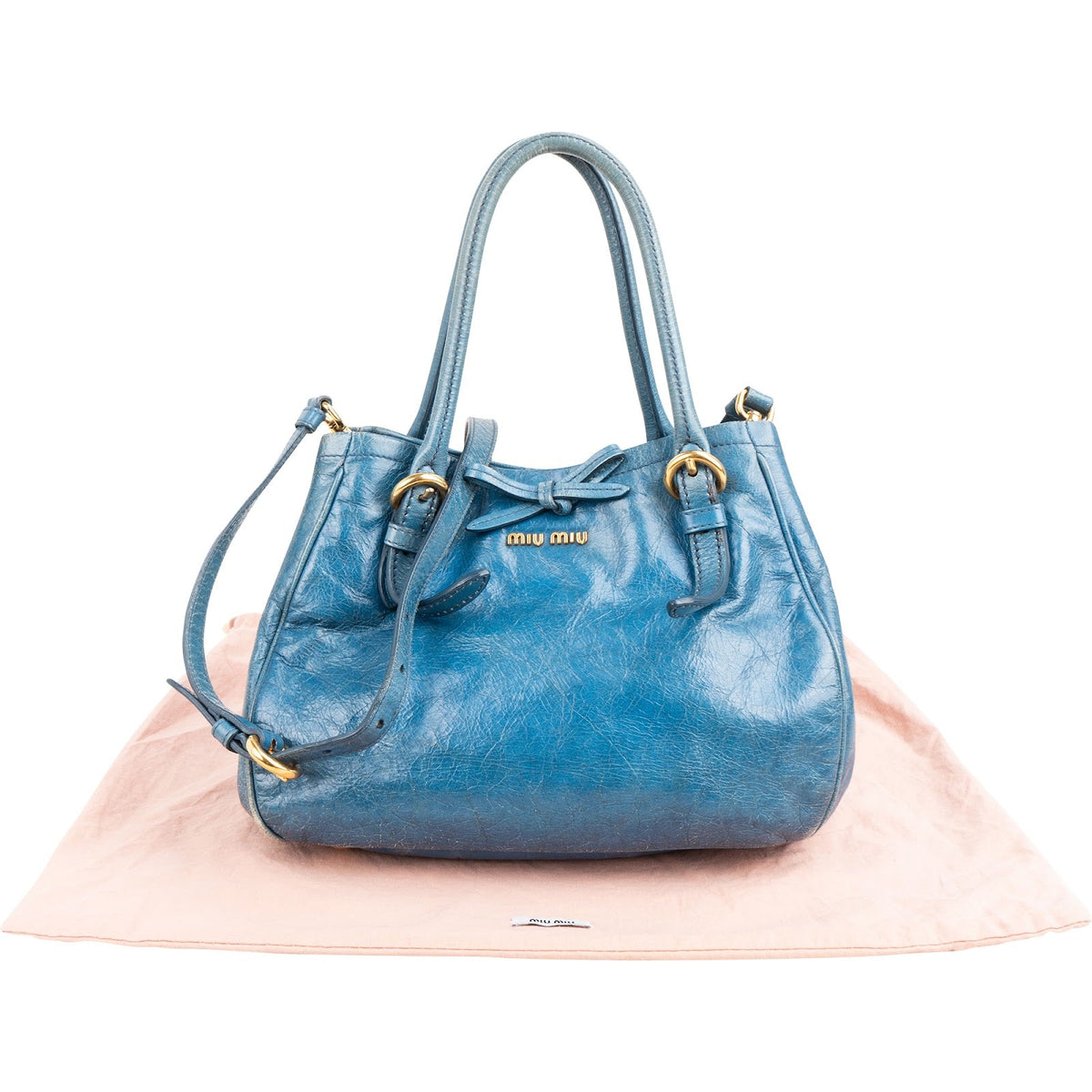 Miu Miu Blau Vitello Lux Small Front Bow Handtasche, Bild 2 von 12