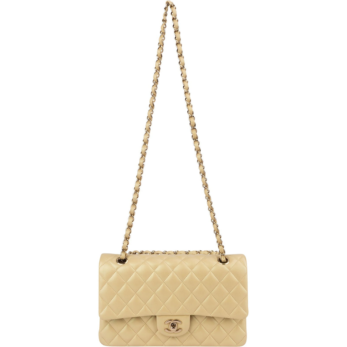 Chanel middelgrote dubbele flap schoudertas van goudkleurig glinsterend doorgestikt lamsleer