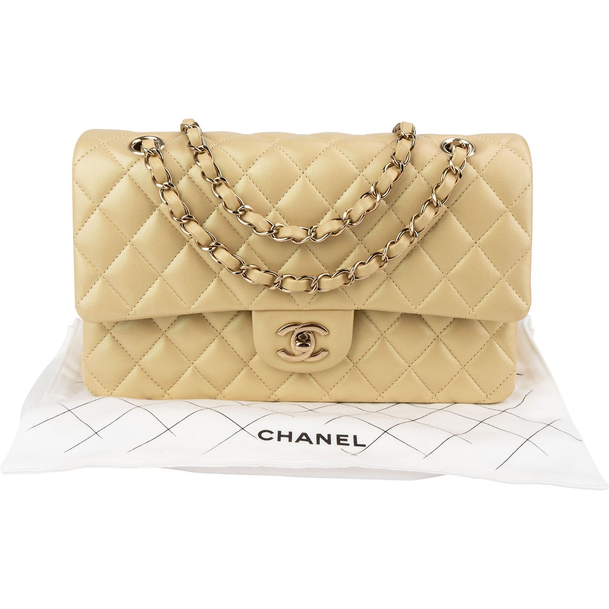 Chanel middelgrote dubbele flap schoudertas van goudkleurig glinsterend doorgestikt lamsleer