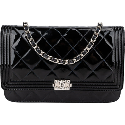 Chanel Patent Leather Quilted Boy Wallet On Chain Crossbody Bag