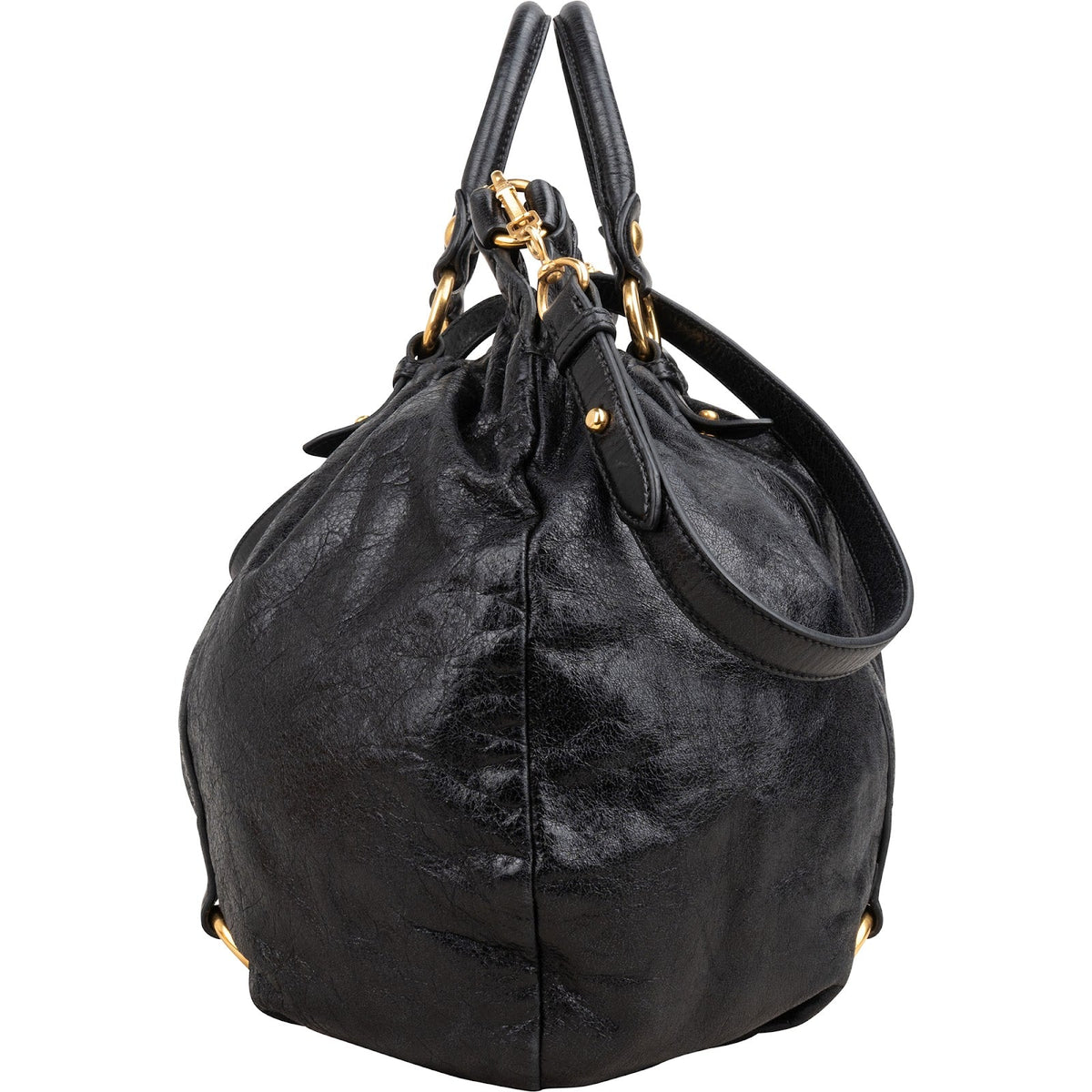 Bolso de mano Miu Miu Hobo Satchel fruncido en piel Vitello Lux negra