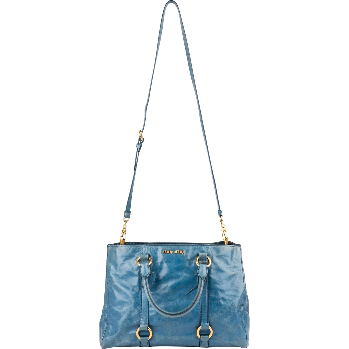 Borsa tote Miu Miu in pelle Vitello Lux blu