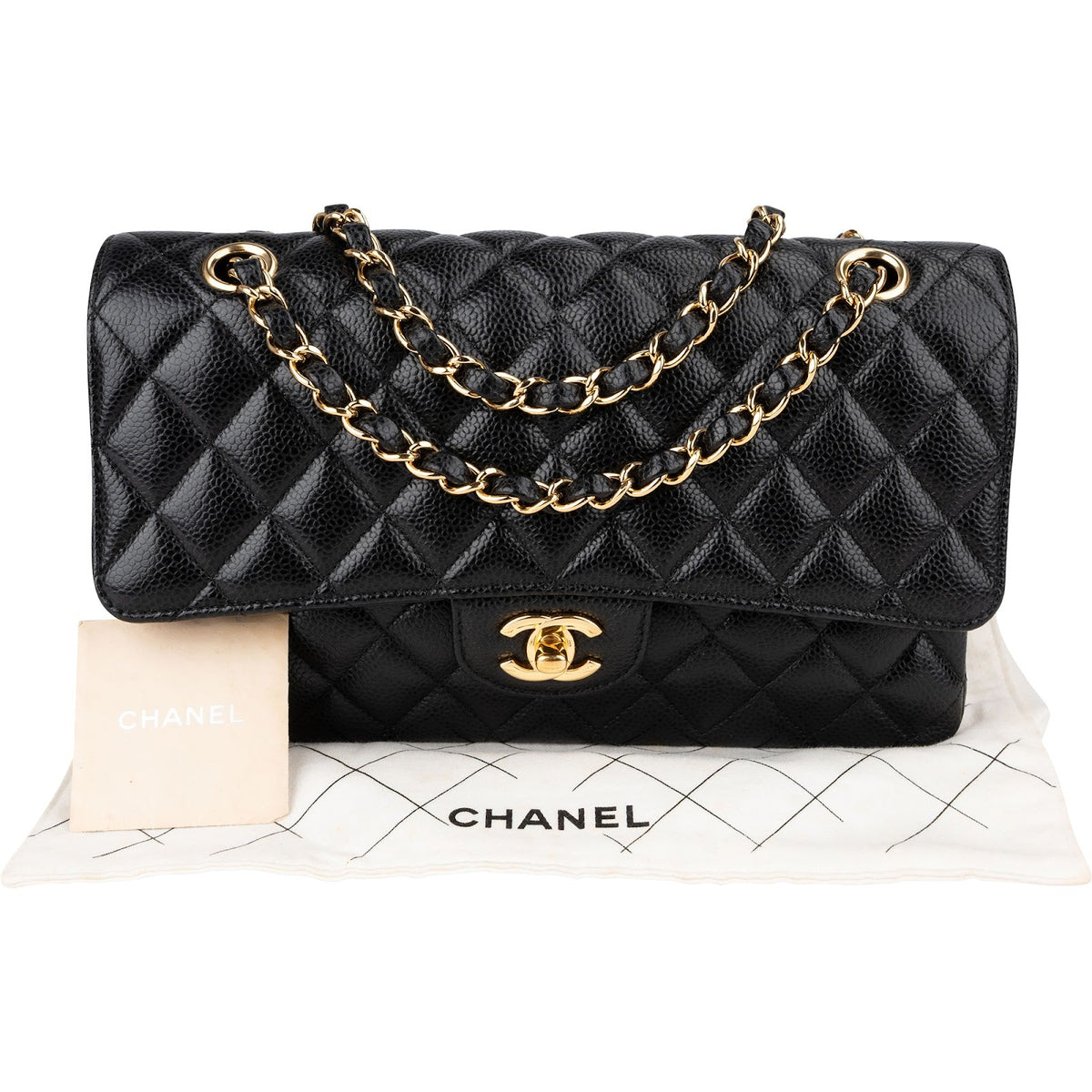 Borsa a tracolla Chanel Medium Double Flap in pelle caviale trapuntata con dettagli dorati