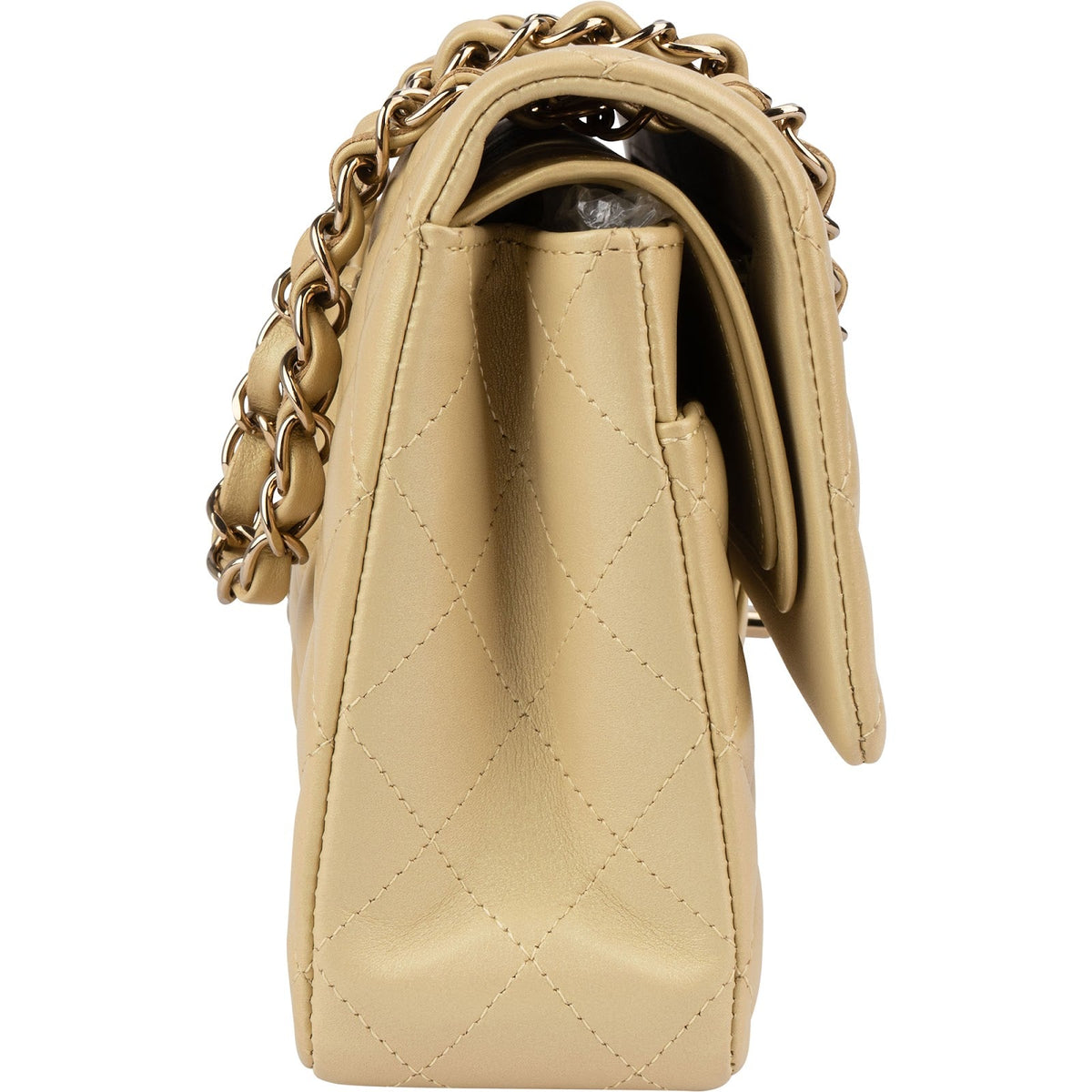 Chanel middelgrote dubbele flap schoudertas van goudkleurig glinsterend doorgestikt lamsleer