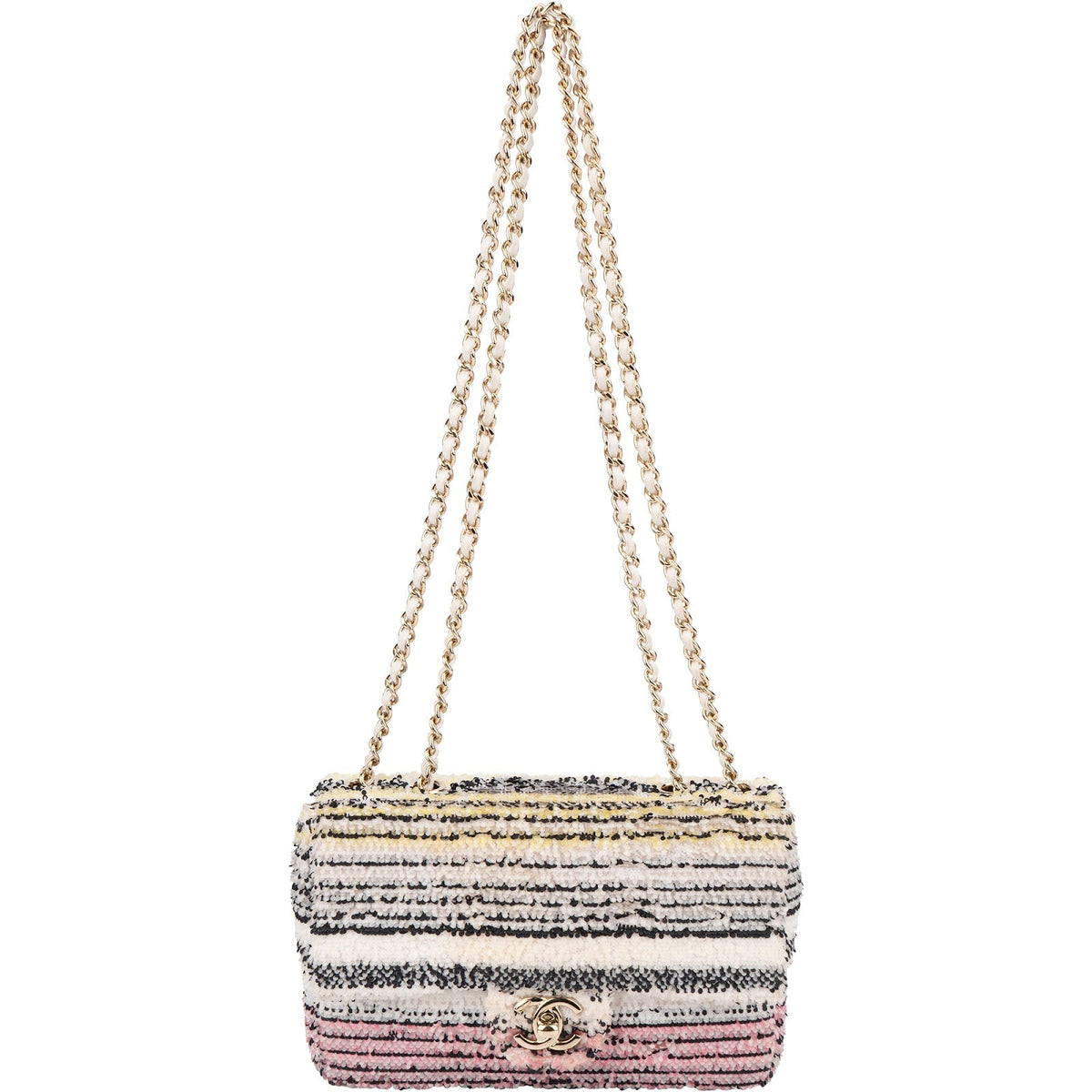 Chanel kleine crossbodytas met enkele flap, veelkleurig gestreept met lovertjes