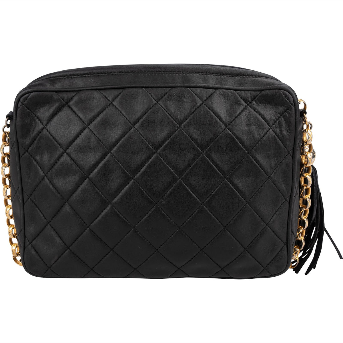 Sac bandoulière Chanel Camera en cuir d'agneau matelassé avec pompon et dorures 24K